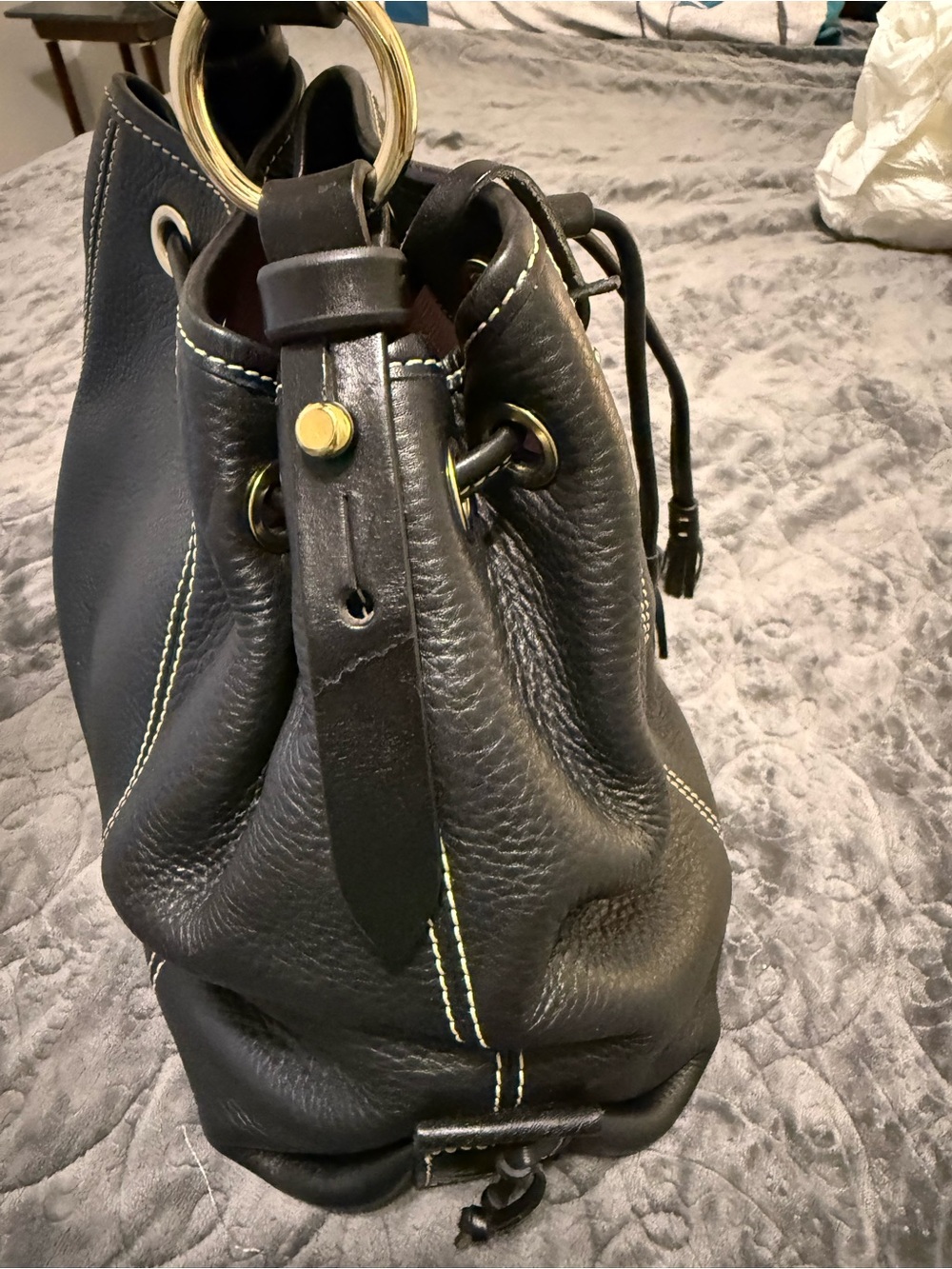 Black Leather Drawstring Bucket Bag - Picture 10 of 14